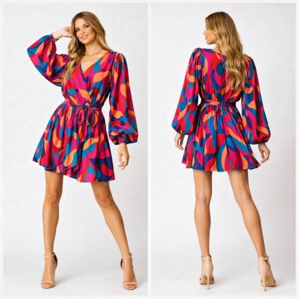 Flying Tomato Pink Blue Abstract Boho Mini Dress Size Small Long Sleeve Dopamine
